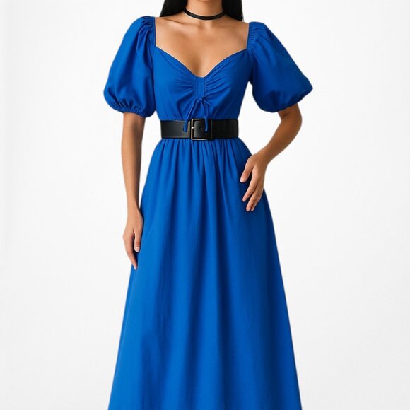 Lauren Conrad Blue Puffy Sleeve Cutout Babydoll Shift Midi Dress Size M - Picture 2 of 7